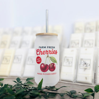 Glass Can Vintage Fruits Bamboo Lid / Metal Straw 18oz Tumbler