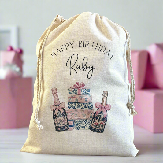 Preppy Champagne Bottles Birthday Sack