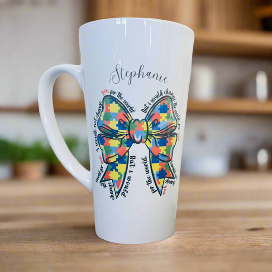 New Latte Autism/ Jigsaw Bow Ceramic Mug 17oz inc Box