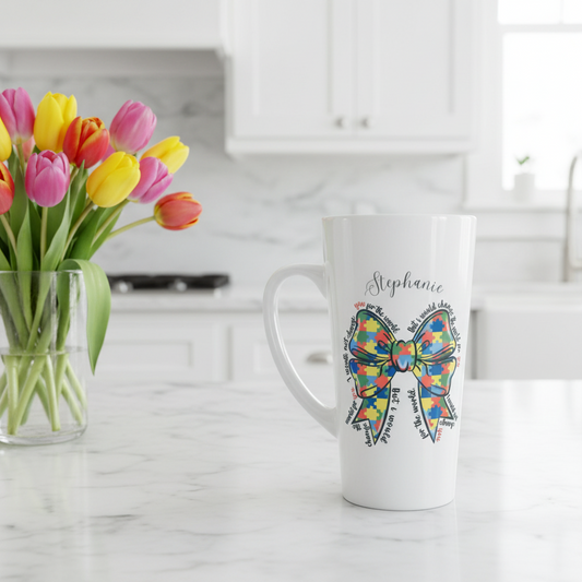 New Latte Autism/ Jigsaw Bow Ceramic Mug 17oz inc Box