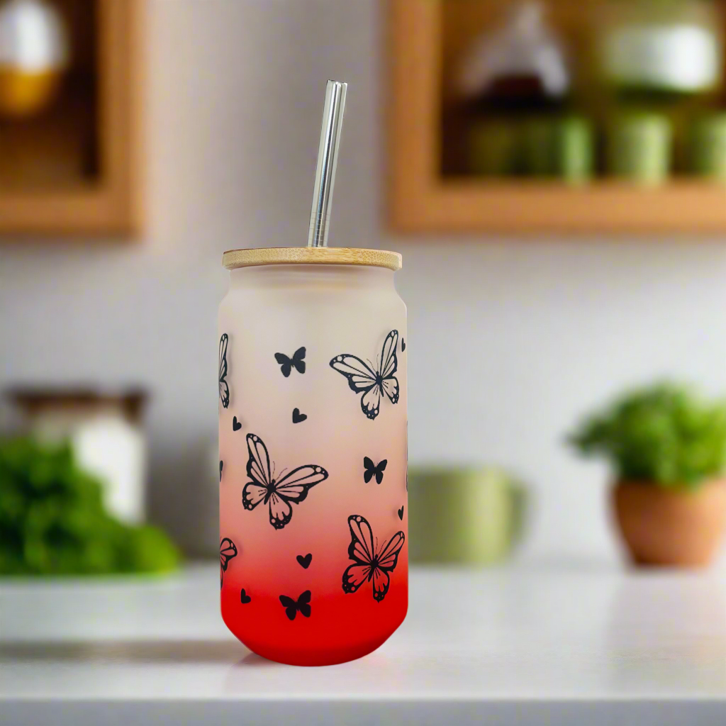 Neon Butterfly Frosted Glass Can 18oz Tumbler