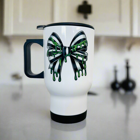 Travel Mug 14oz Black Stripped Bow Design