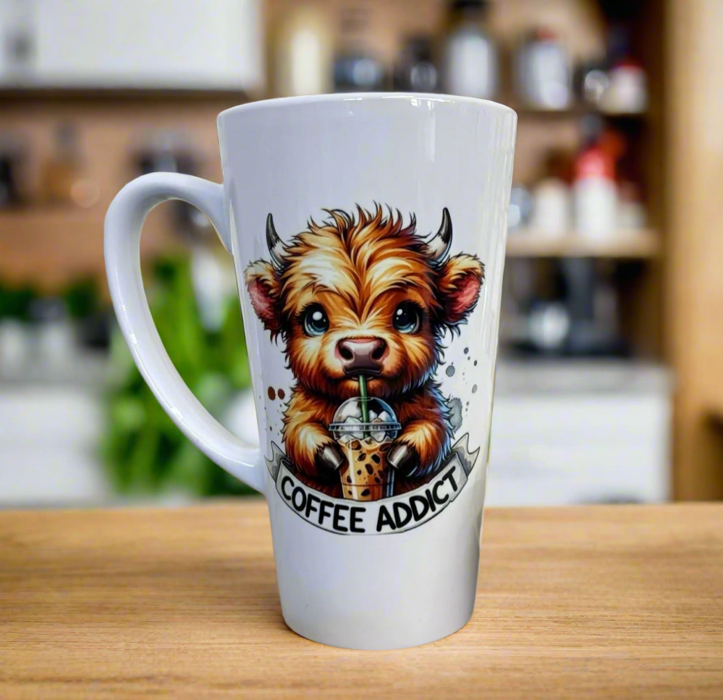 Latte Mug 17oz Highland Cow Coffee Addict