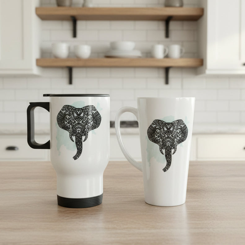 Travel Mug And Latte Bundle -  Elephant / Blue Splash