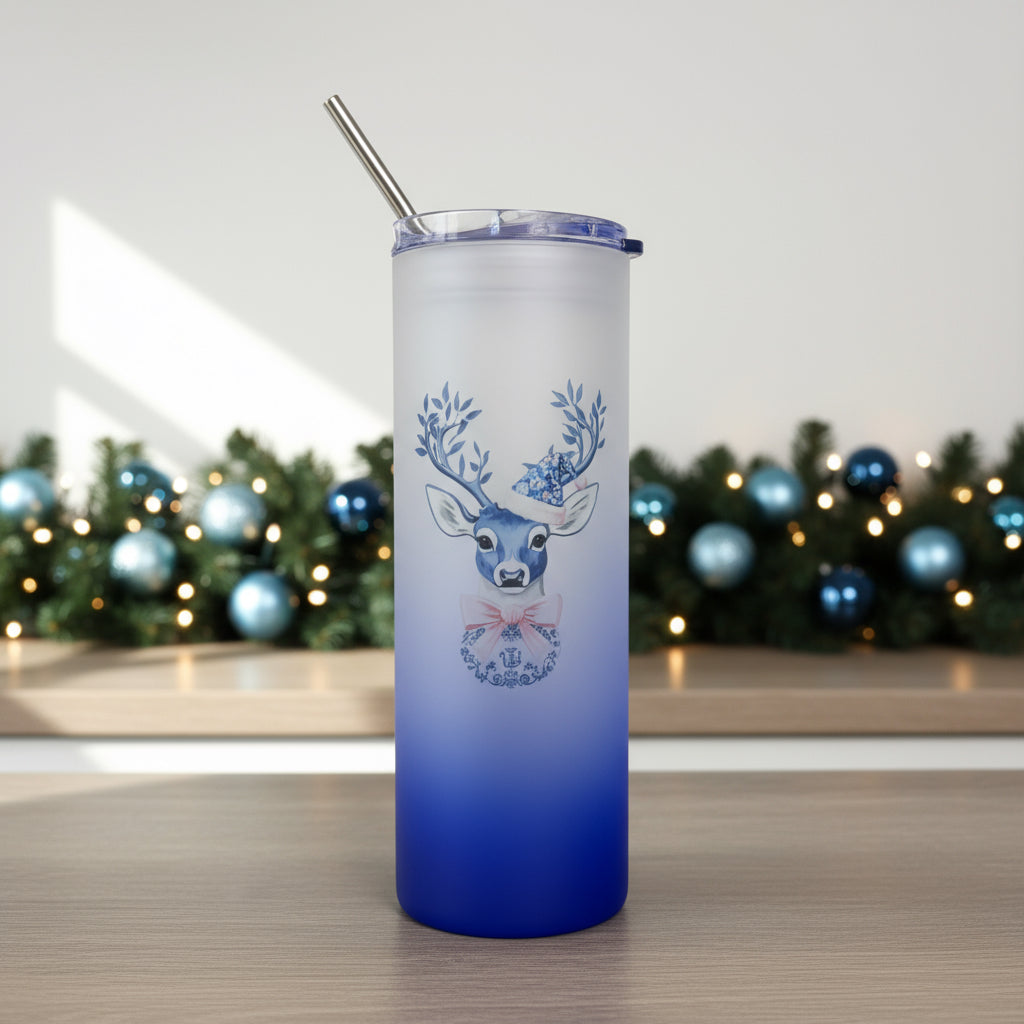 Preppy Christmas Deer Darl Blue Skinny Glass Tumbler 25oz