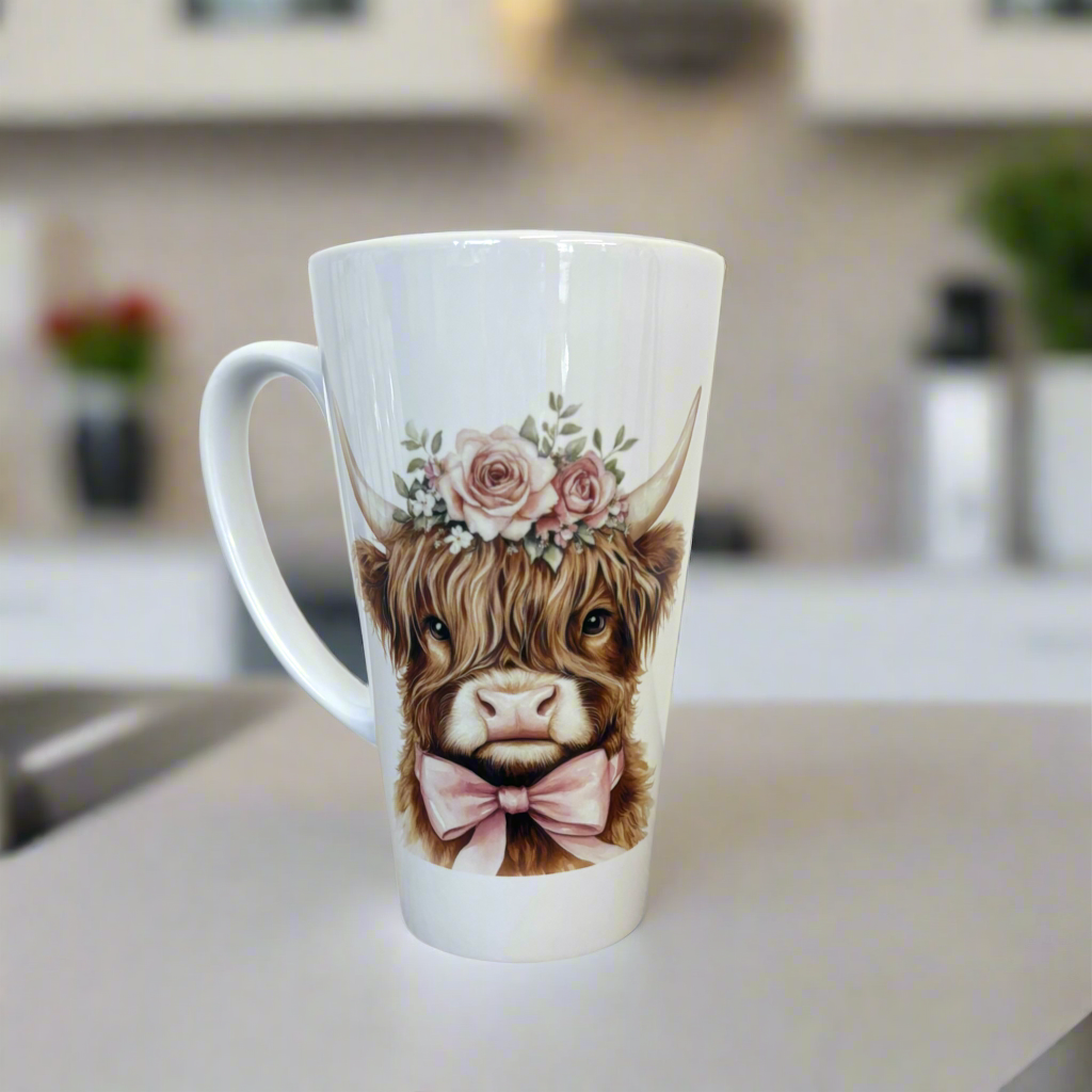 Brown Highland Cow Pink Bow 17oz Latte Mug