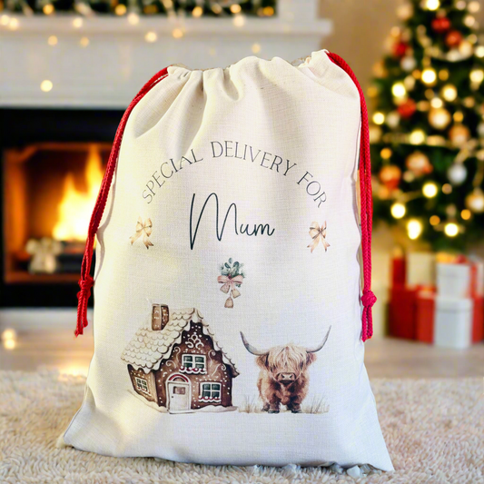 Highland Cow Christmas House Santa Sack