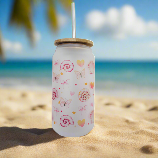 Seashells & Butterflies Frosted Glass Can 18oz Tumbler