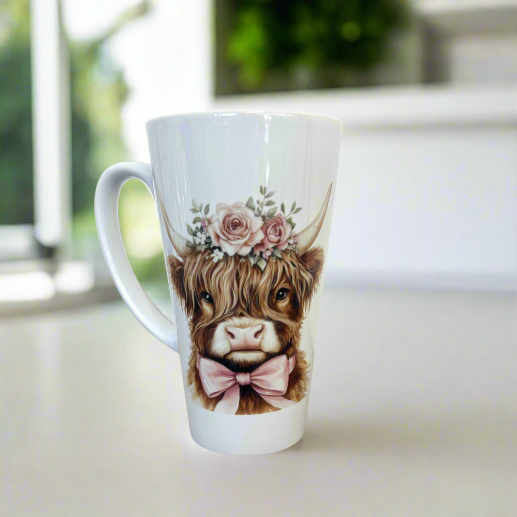 Brown Highland Cow Pink Bow 17oz Latte Mug