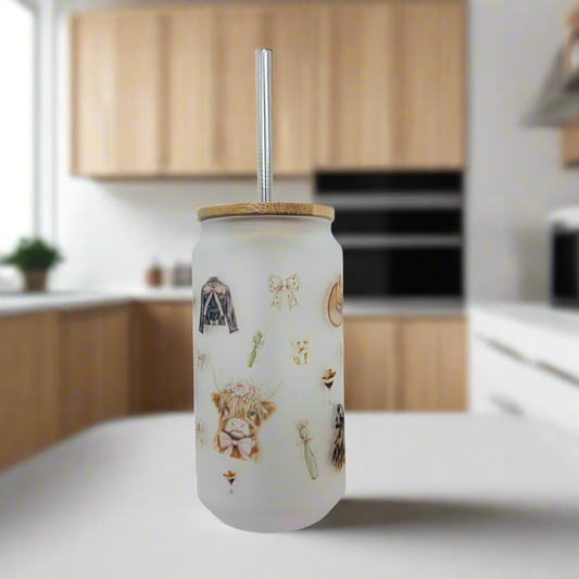 Cowgirl/ Highland Cow Frosted Glass Can 18oz Tumbler