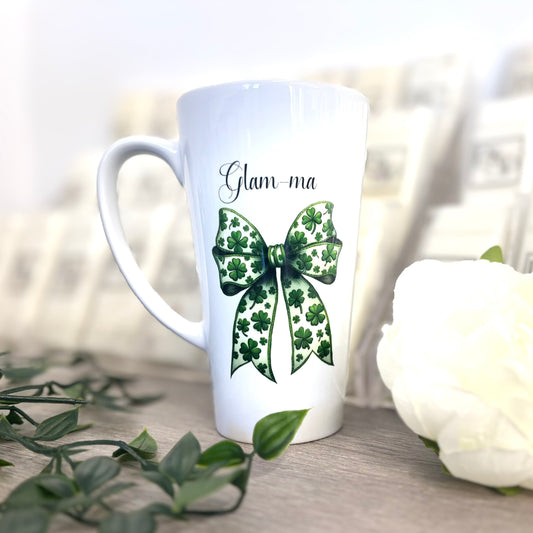 Latte Ceramic Mug 17oz St Patricks Day Clover Bow