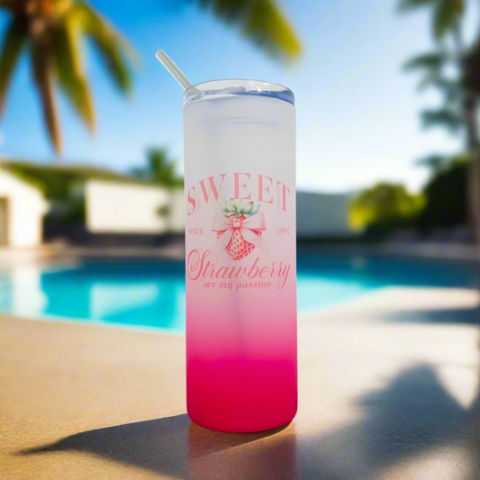 Sweet Strawberry Pink Tall Skinny Glass Tumbler 25oz