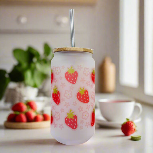 Strawberry Flowers Frosted Glass Can 18oz Tumbler