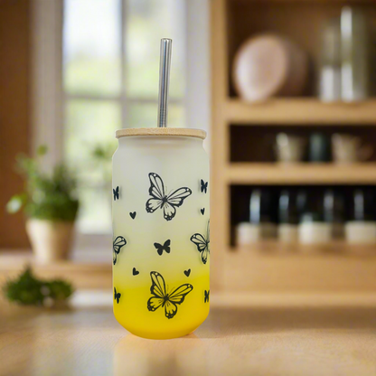 Neon Butterfly Frosted Glass Can 18oz Tumbler