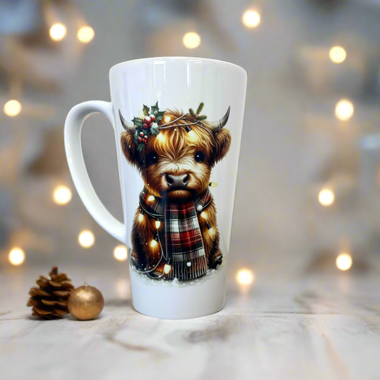 Highland Cow Red/White Tartan Scalf Latte Ceramic Mug 17oz inc Box