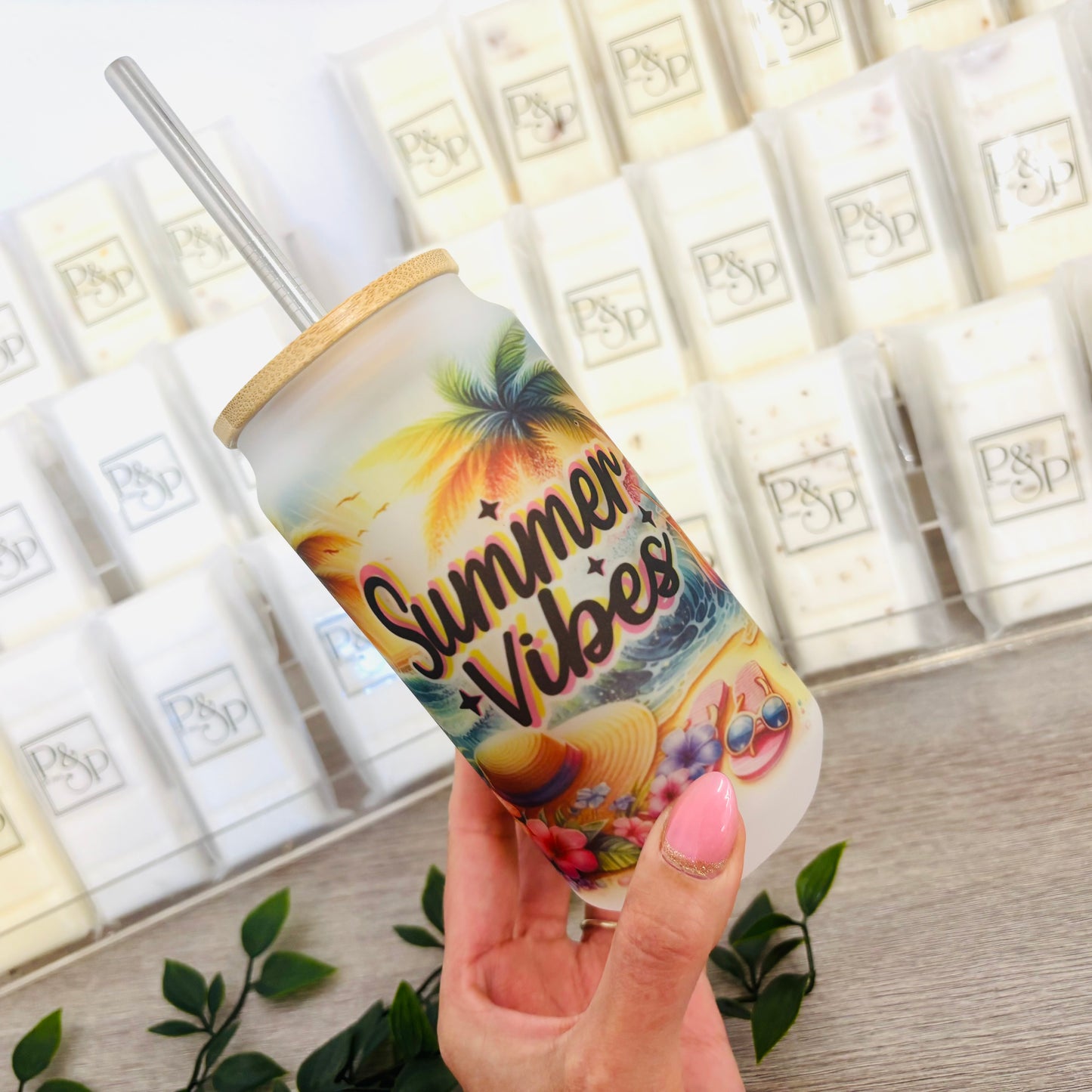 Summer vibes Frosted Glass Can 18oz Tumbler
