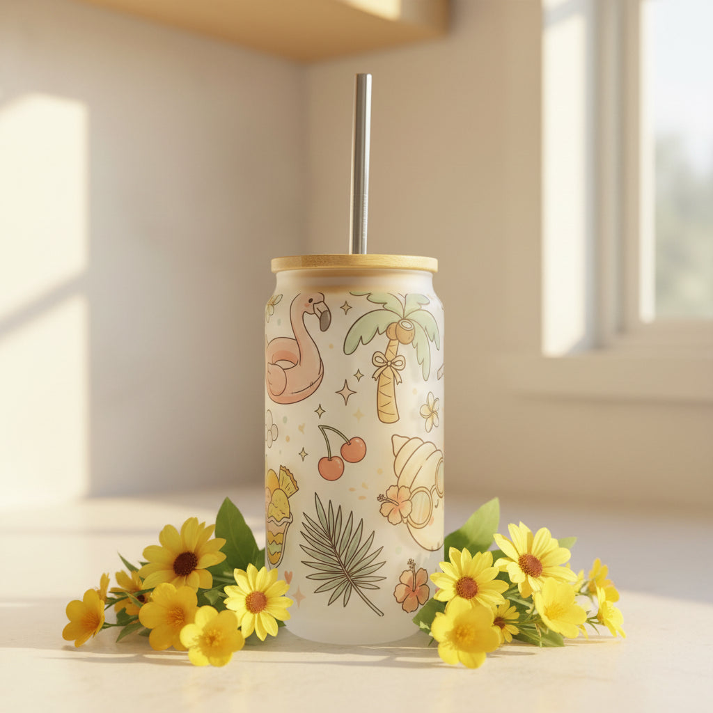 Summer Frosted Glass Can 18oz Tumbler
