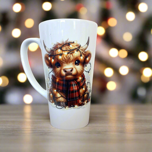 Highland Cow Red Tartan Scalf Latte Ceramic Mug 17oz inc Box