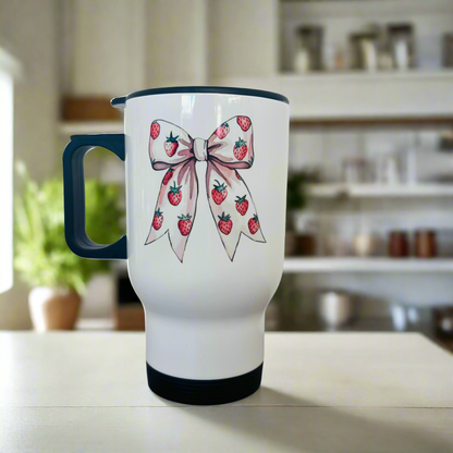 Travel Mug 14oz Strawberry Bow Design
