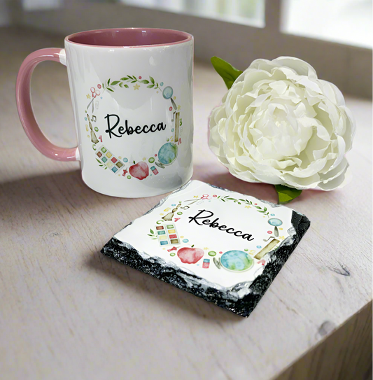 Pastel Teacher Wreath Mug and Coaster