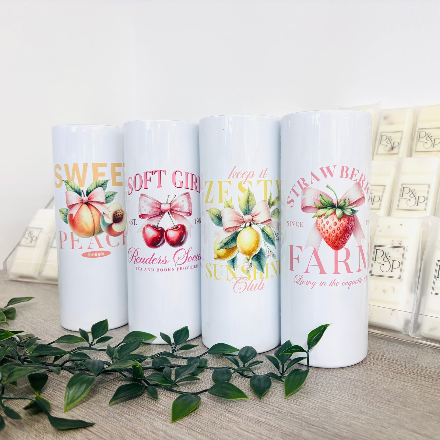 White Tumbler with Fruits With Bows