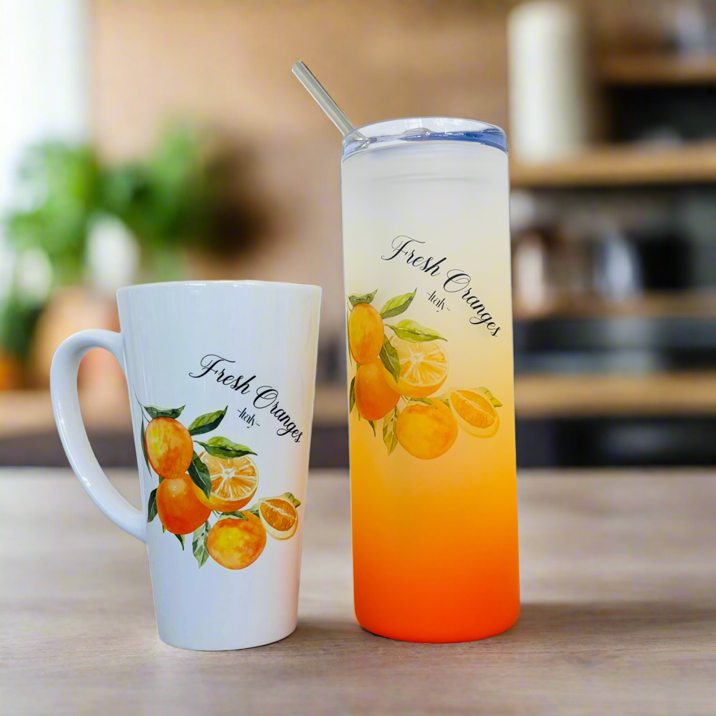 Fresh Orange Fruit 17oz Latte Mug & Orange Neon 21oz Tumbler