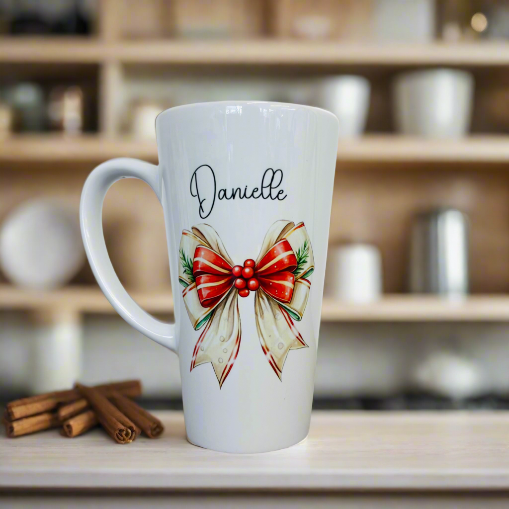Cream & Red Bow Latte Ceramic Mug 17oz inc Box