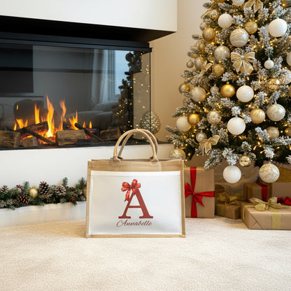 Christmas Eve Tote Bag- Initial Bow