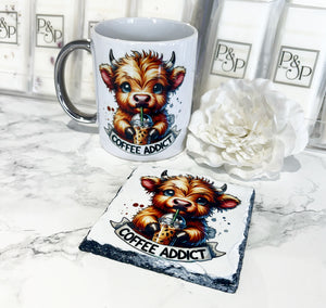 Coffee Addict Highland Cow Mug and Coaster Bundle