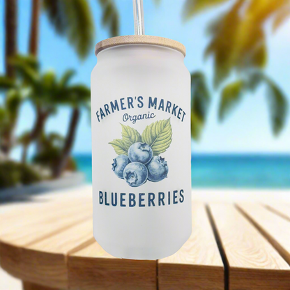 Glass Can Vintage Fruits Bamboo Lid / Metal Straw 18oz Tumbler