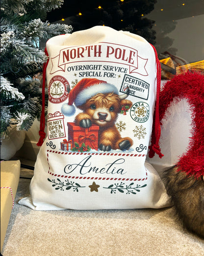 Highland Cow North Pole Santa Sack