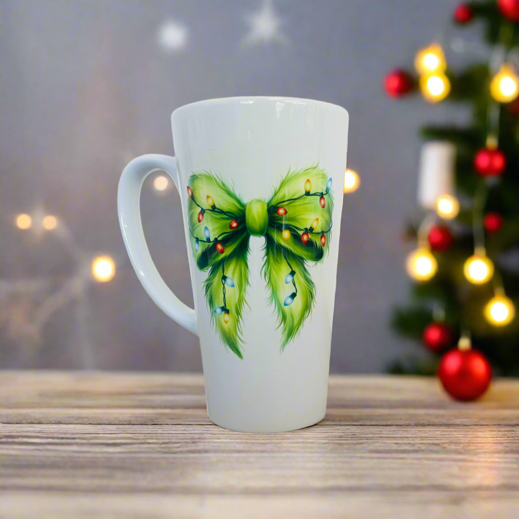 Classic Fuzzy Green Bow Latte Ceramic Mug 17oz inc Box