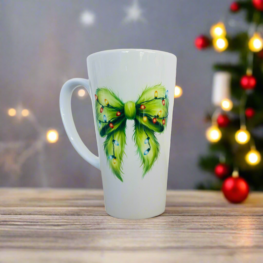 Classic Fuzzy Green Bow Latte Ceramic Mug 17oz inc Box