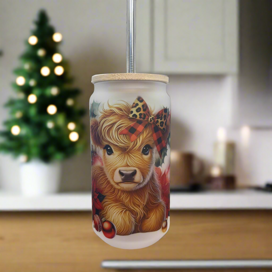 Red Christmas Highland Cow Glass Can 18oz Tumbler