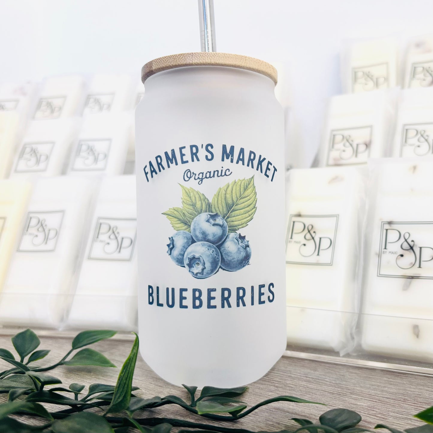 Glass Can Vintage Fruits Bamboo Lid / Metal Straw 18oz Tumbler