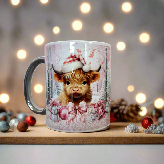 Highland Cow Christmas Silver Handle Mug