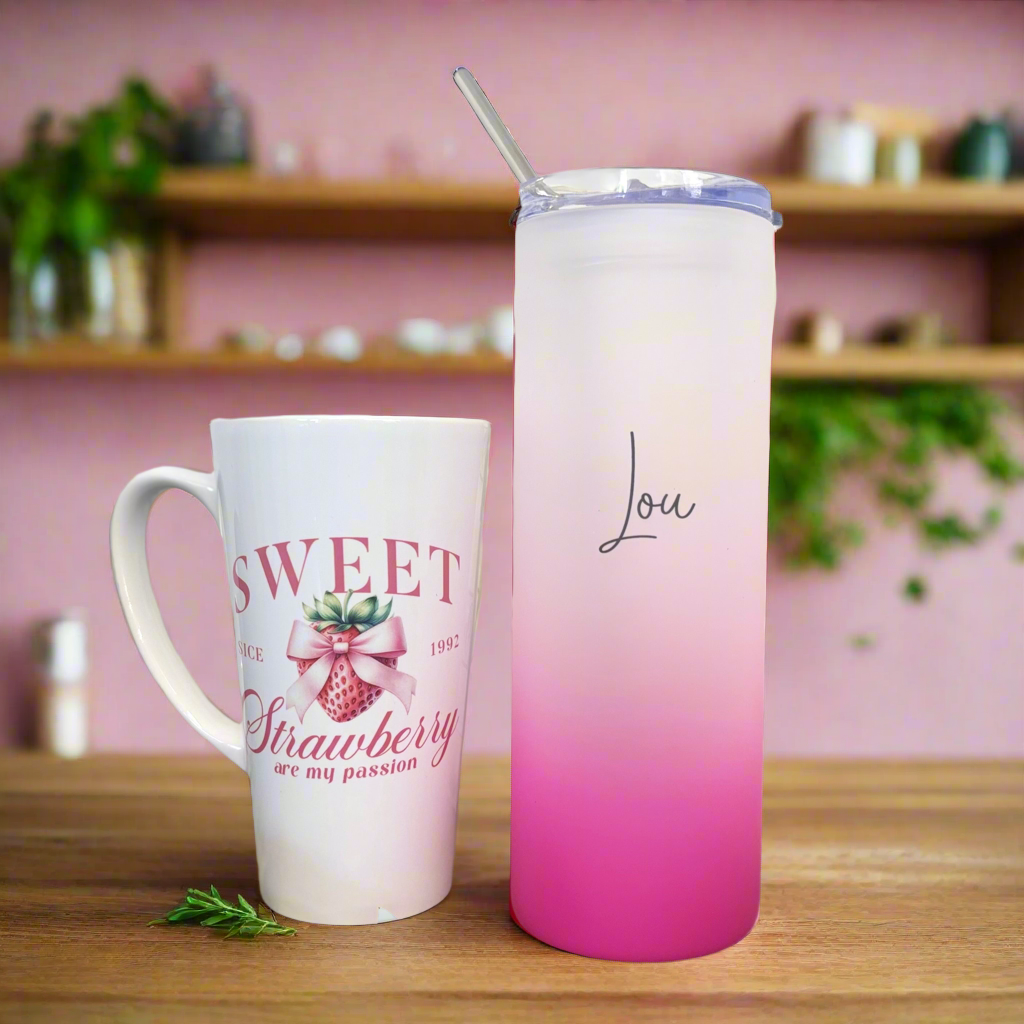 Summer Sweet Strawberry Fruit 17oz Latte Mug & Pink Neon 21oz Tumbler