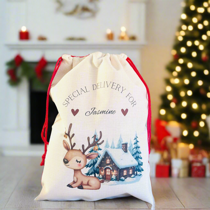 Reindeer with Christmas House Santa Sack