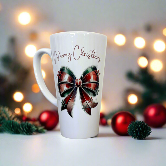 Red and Green Bow Latte Ceramic Mug 17oz inc Box