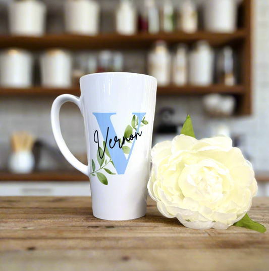 New Latte Ceramic Mug 17oz Blue Initial inc Box