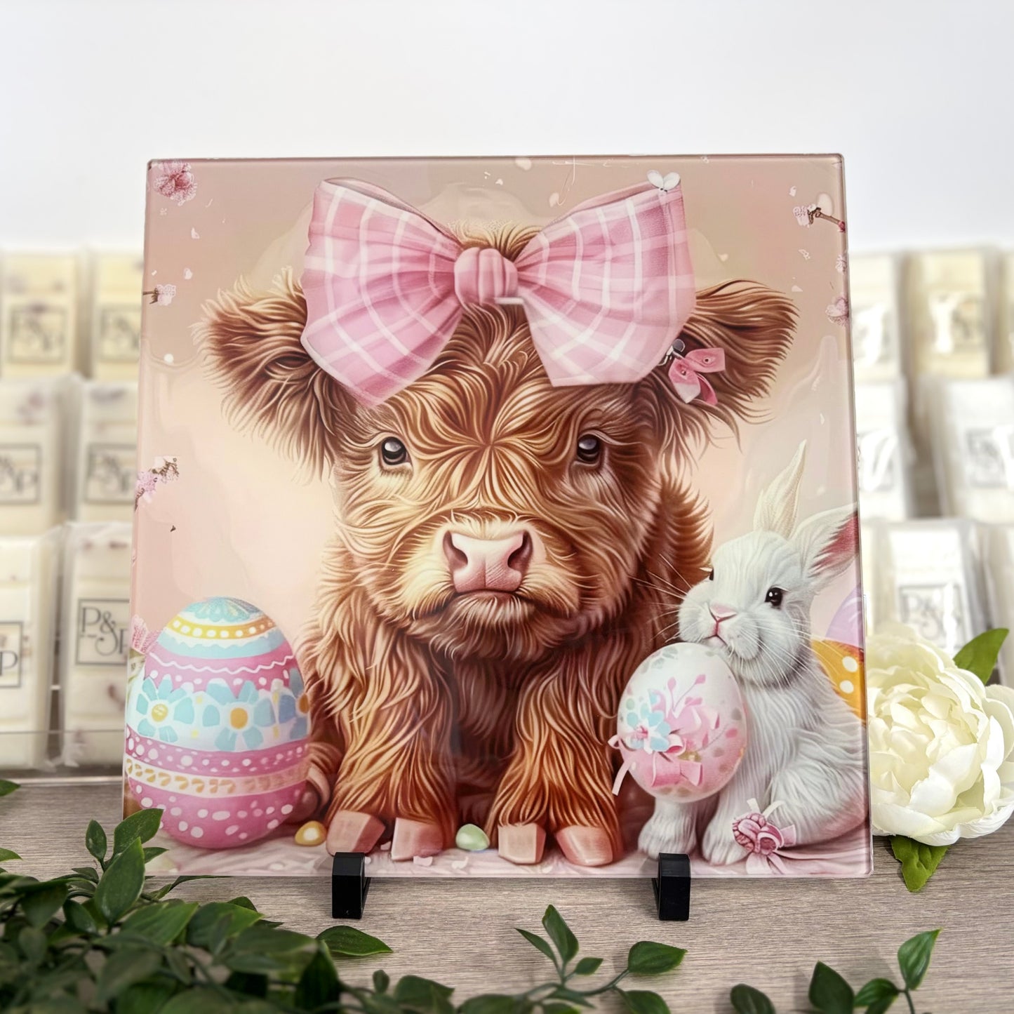 Pink Easter Highland Cow 30cm Chopping Board