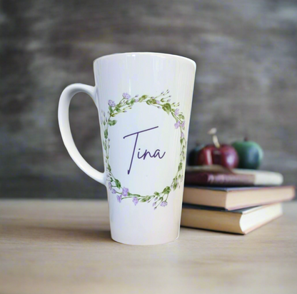 Latte Ceramic Mug Purple Wreath 17oz inc Box