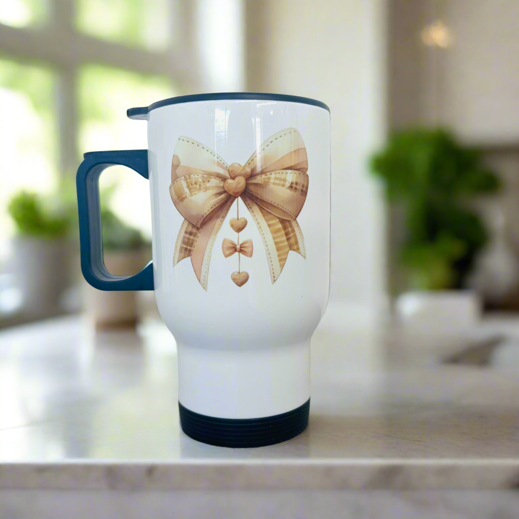 Travel Mug 14oz Beige Bow Design