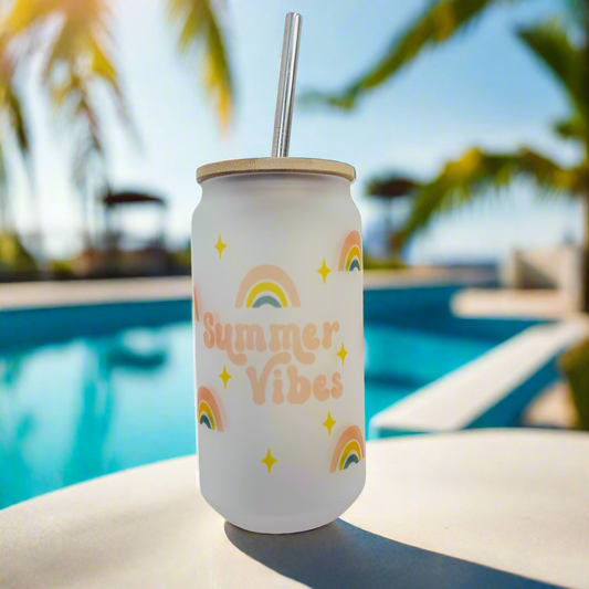 Summer Vibes Frosted Glass Can 18oz Tumbler