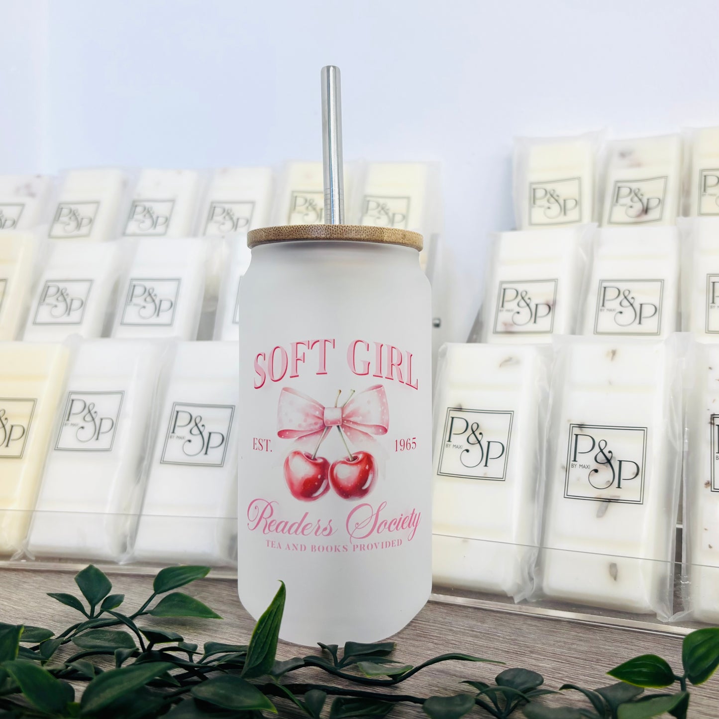 Glass Can Vintage Fruits Bamboo Lid / Metal Straw 18oz Tumbler