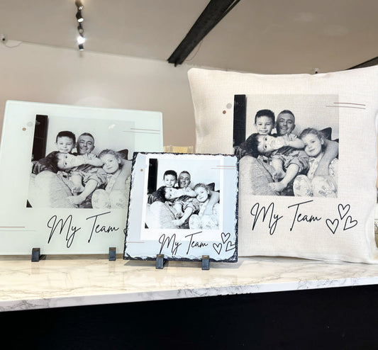 Bundle: Cushion, Chopping Board and 19cm Photo Slate