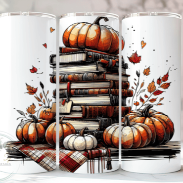 Autumn Pumpkin Book Stack Skinny Tumbler