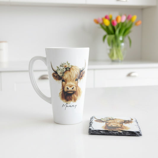 Sage Green Highland Cow Latte & Coaster