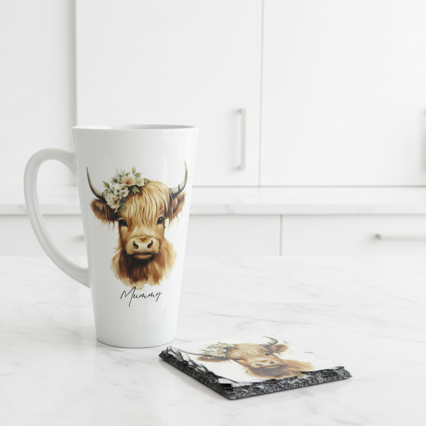 Sage Green Highland Cow Latte & Coaster