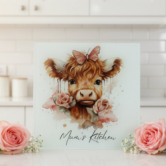 Highland Cow Blush Roses Chopping Board 30cm